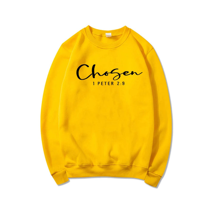Yellow sweatshirt with Chosen 1 Peter 2 9 text faith based apparel by Fresh Faith Designs