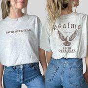 Grey t-shirt with Faith Over Fear front text and Psalms back design featuring a dove from Faith Based Apparel