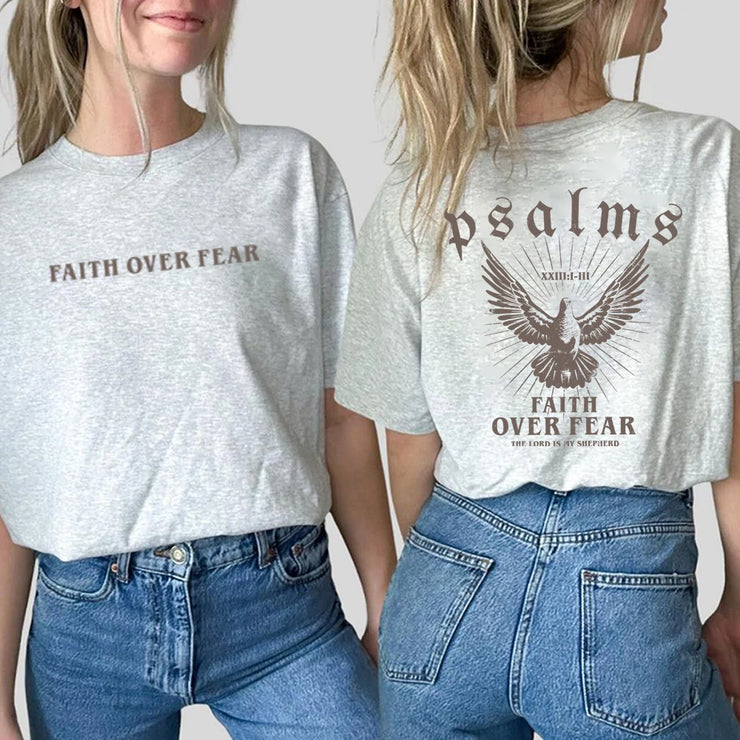 Grey t-shirt with Faith Over Fear front text and Psalms back design featuring a dove from Faith Based Apparel