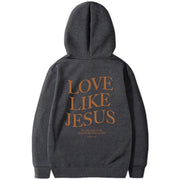 Dark gray hoodie with Love Like Jesus text and scripture print faith based apparel by Fresh Faith Designs