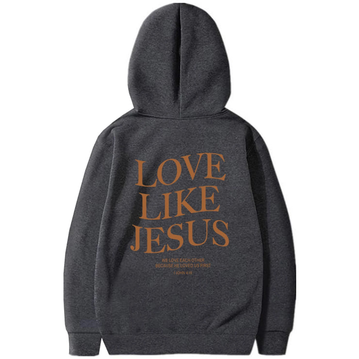 Dark gray hoodie with Love Like Jesus text and scripture print faith based apparel by Fresh Faith Designs