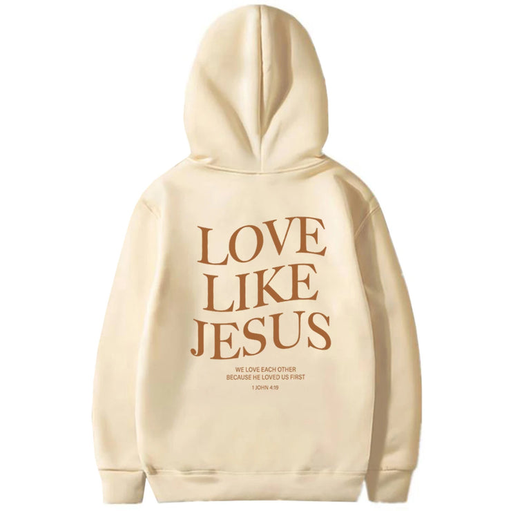 Cream hoodie with Love Like Jesus text and Bible verse featuring faith based apparel from Fresh Faith Designs