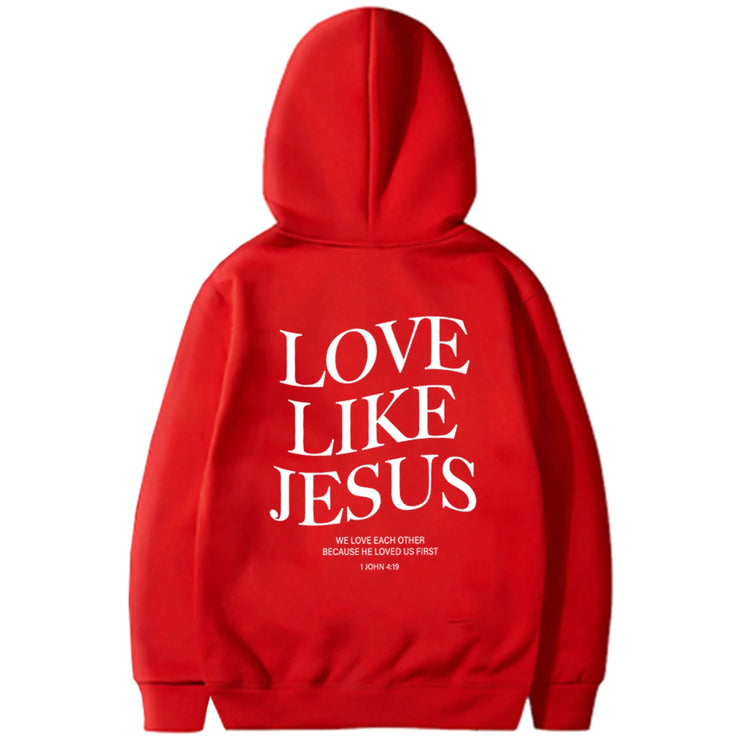 Red hoodie with Love Like Jesus text and scripture design in faith based apparel by Fresh Faith Designs