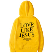 Yellow hoodie from Fresh Faith Designs with Love Like Jesus text promoting faith based apparel