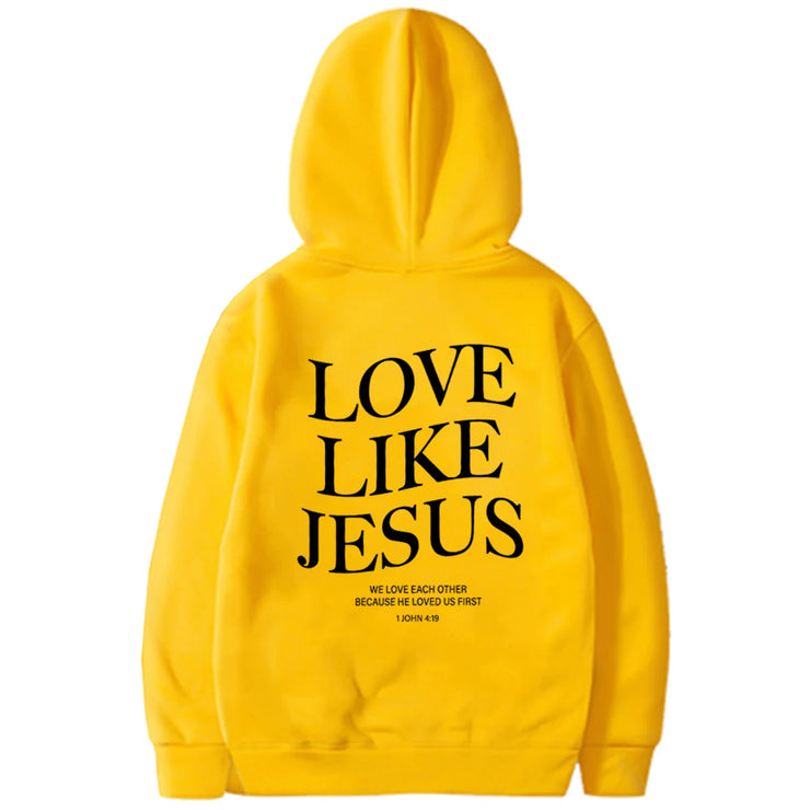 Yellow hoodie from Fresh Faith Designs with Love Like Jesus text promoting faith based apparel