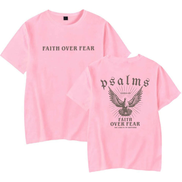 Pink Faith Based Apparel t-shirt with Faith Over Fear front text and Psalms eagle graphic on back