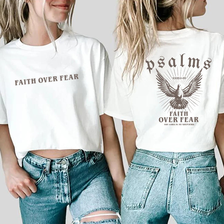 White Faith Based Apparel crop top with Faith Over Fear text and Psalms design featuring an eagle graphic