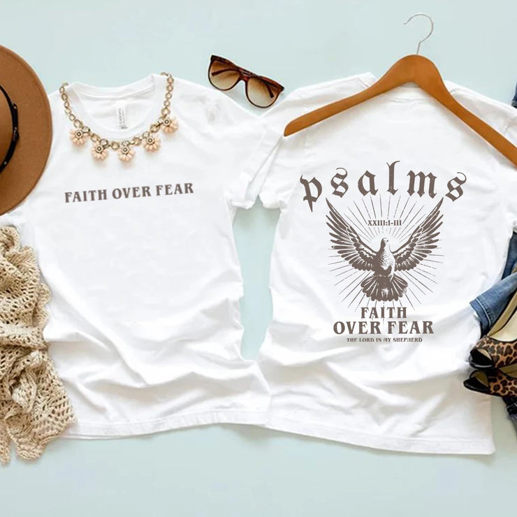 Fresh Faith Designs white t-shirts with Faith Based Apparel slogan Faith Over Fear and Psalms graphic with dove