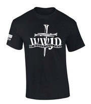 Black Fresh Faith Designs WWJD Faith Based Apparel t-shirt with nail cross graphic and scripture message