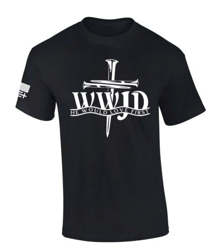 Black Fresh Faith Designs WWJD Faith Based Apparel t-shirt with nail cross graphic and scripture message