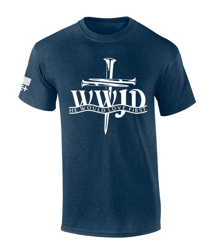Navy blue faith based apparel t-shirt with WWJD cross design and He Would Love First text