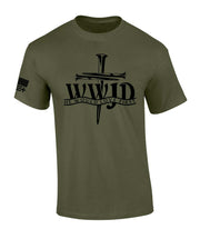 Olive green WWJD t-shirt with black cross nails design and He Would Love First text faith based apparel