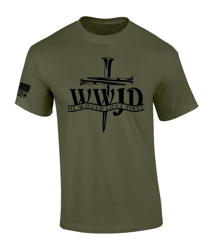 Olive green WWJD t-shirt with black cross nails design and He Would Love First text faith based apparel
