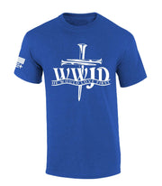 Blue Fresh Faith Designs WWJD He Would Love First t-shirt faith based apparel with nail cross design