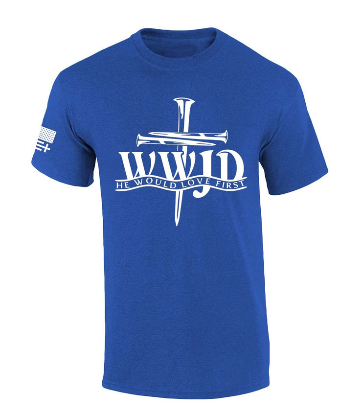 Blue Fresh Faith Designs WWJD He Would Love First t-shirt faith based apparel with nail cross design