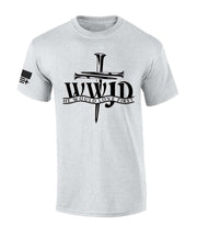 White WWJD Faith Based Apparel T-shirt with He Would Love First design and American flag on sleeve