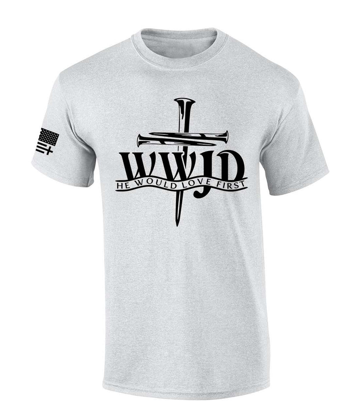 White WWJD Faith Based Apparel T-shirt with He Would Love First design and American flag on sleeve