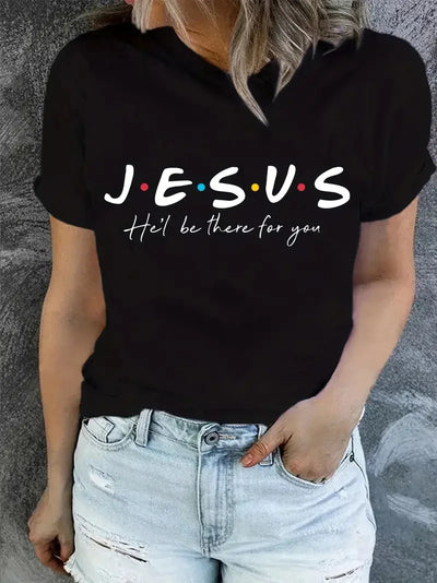 Black faith-based casual clothing t-shirt with Jesus message and colorful dots worn with light denim shorts