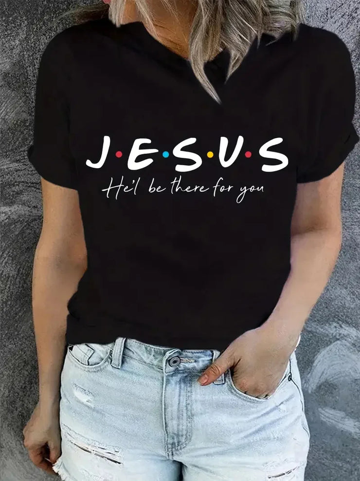 Black faith-based casual clothing t-shirt with Jesus message and colorful dots worn with light denim shorts