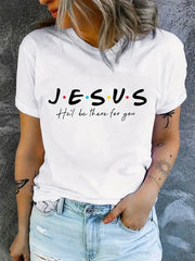 White faith-based casual clothing t-shirt with JESUS text and colorful dots worn with light denim shorts
