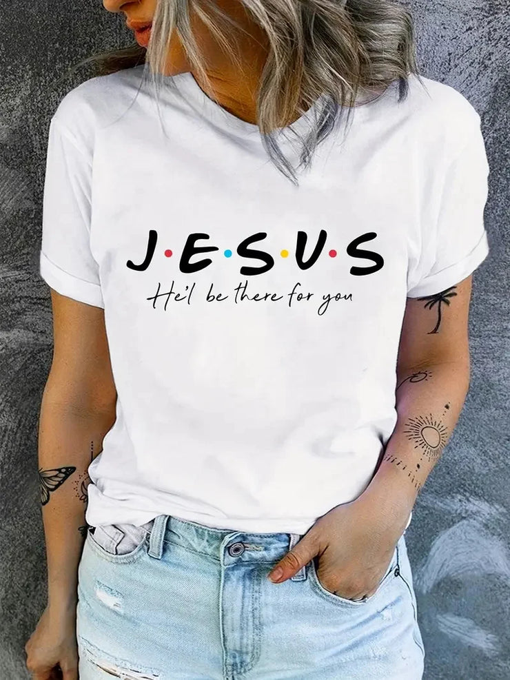 White faith-based casual clothing t-shirt with JESUS text and colorful dots worn with light denim shorts