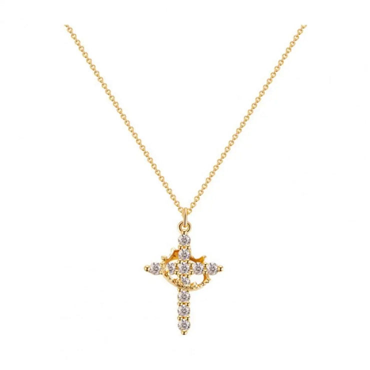 Fresh Faith Designs gold faith-based cross necklace with sparkling crystal accents on delicate chain