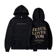 Black faith-based hoodies by Fresh Faith Designs with Jesus Loves You text on front and back