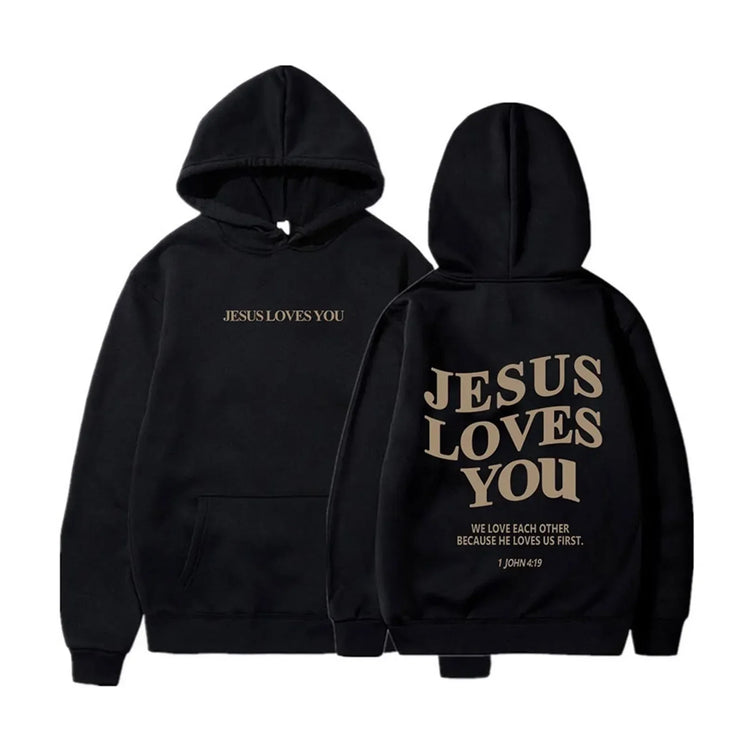 Black faith-based hoodies by Fresh Faith Designs with Jesus Loves You text on front and back