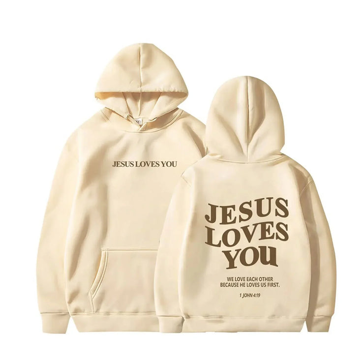 Cream faith-based hoodies from Fresh Faith Designs with Jesus Loves You text and Bible verse