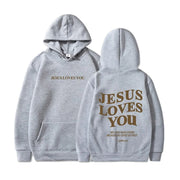 Gray faith-based hoodies with Jesus Loves You text printed on front and back by Fresh Faith Designs