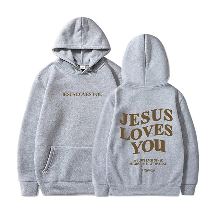 Gray faith-based hoodies with Jesus Loves You text printed on front and back by Fresh Faith Designs