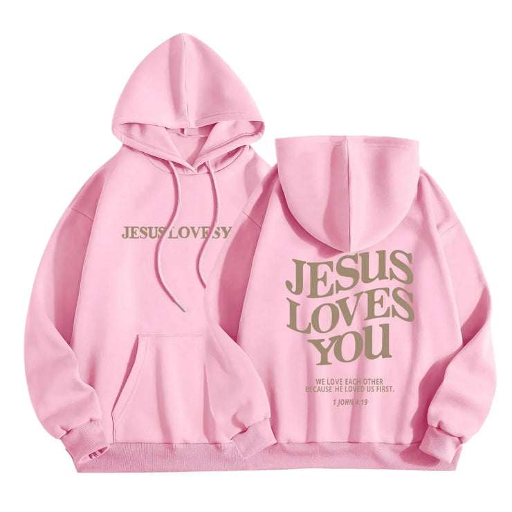 Pink faith-based hoodies from Fresh Faith Designs with Jesus Loves You text on front and back