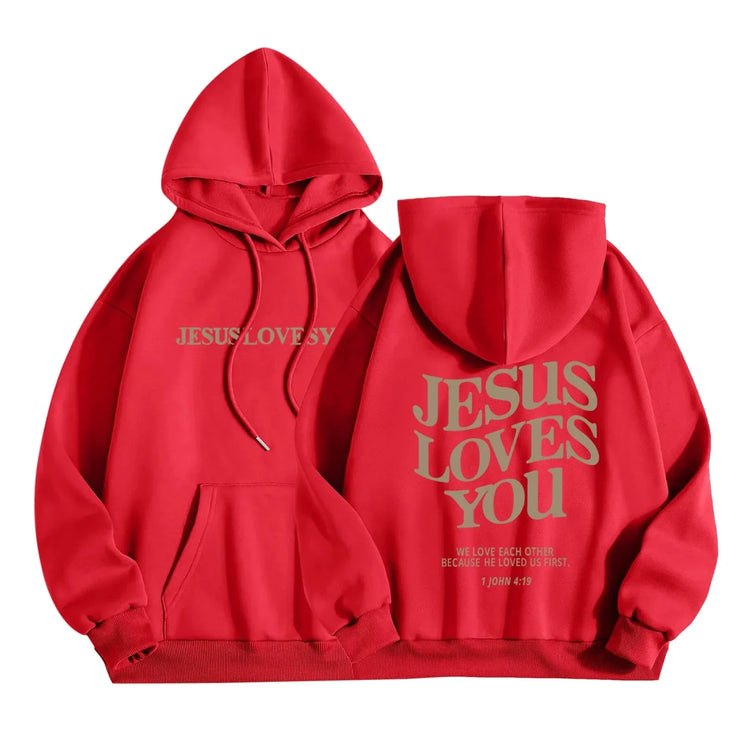 Red Fresh Faith Designs faith-based hoodies with Jesus Loves You text on front and back