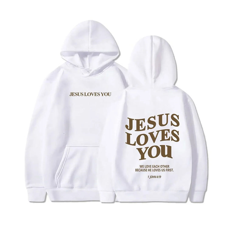 White faith-based hoodies from Fresh Faith Designs with Jesus Loves You text on front and back