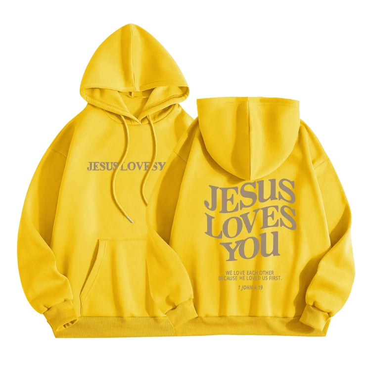 Yellow faith-based hoodies with Jesus Loves You text and hooded design by Fresh Faith Designs