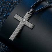 Black stainless steel cross pendant with engraved prayer on a matching chain faith-based jewelry for men