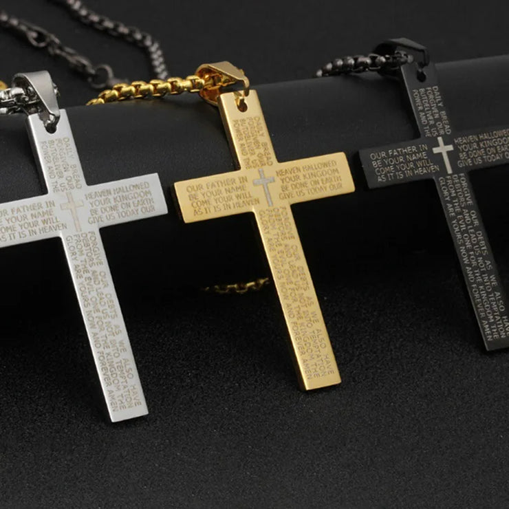 Faith-based jewelry for men featuring stainless steel cross necklaces in silver gold and black with engraved prayers