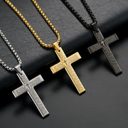 Faith-based jewelry for men featuring stainless steel cross necklaces in silver gold and black with engraved prayer text
