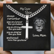 Faith based jewelry gift for son with silver cross necklace and inspirational message from mom