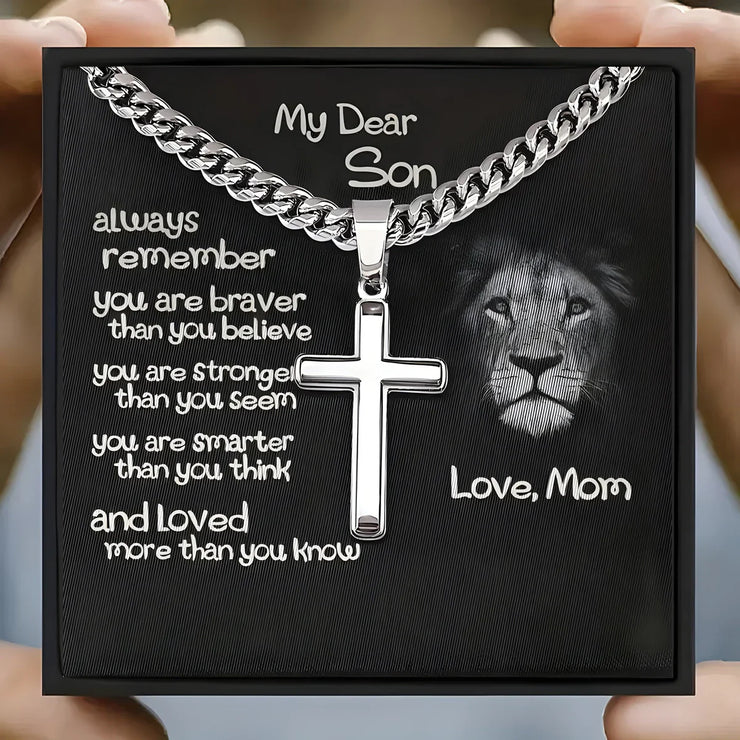 Faith based jewelry gift for son with silver cross necklace and inspirational message from mom