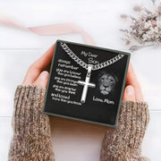 Faith based jewelry gift for son with cross necklace and inspirational message in gift box