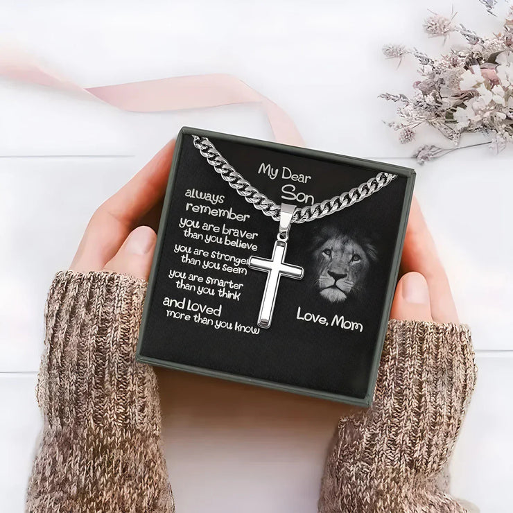 Faith based jewelry gift for son with cross necklace and inspirational message in gift box