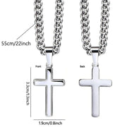 Silver cross necklace with chain in front and back views measuring 55cm for faith based jewelry gift for son