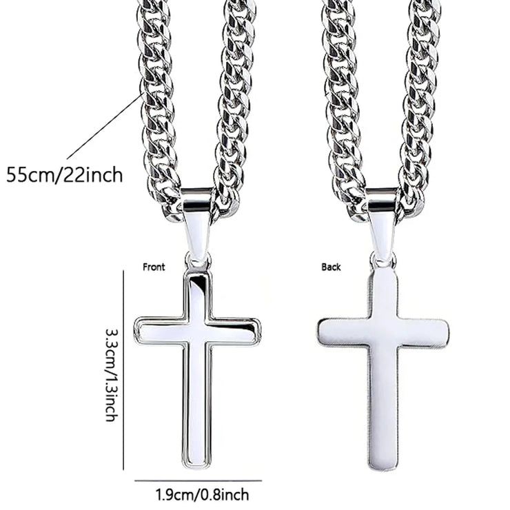 Silver cross necklace with chain in front and back views measuring 55cm for faith based jewelry gift for son