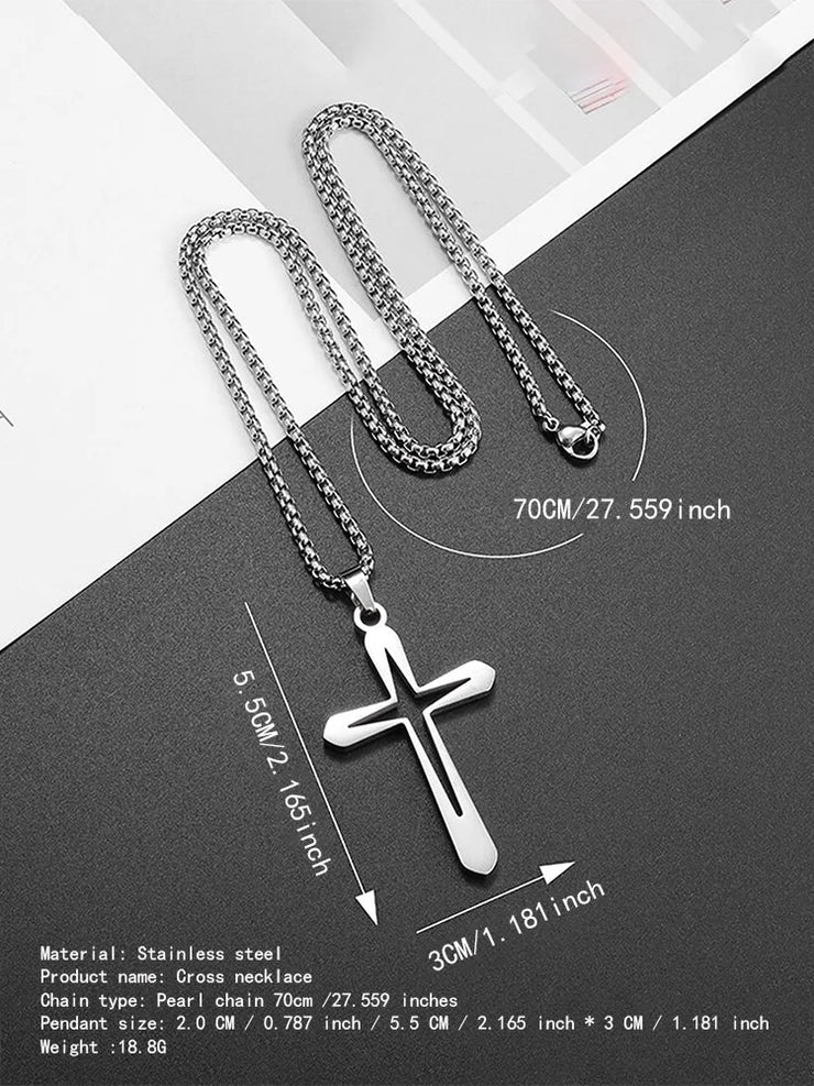 Stainless steel faith based men's jewelry cross pendant necklace with 70cm chain and detailed measurements