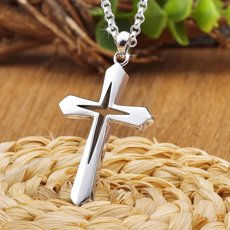 Fresh Faith Designs silver cross pendant necklace faith based men's jewelry on a chain