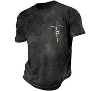Black faith based men's t-shirt with white faith cross graphic on front by Fresh Faith Designs