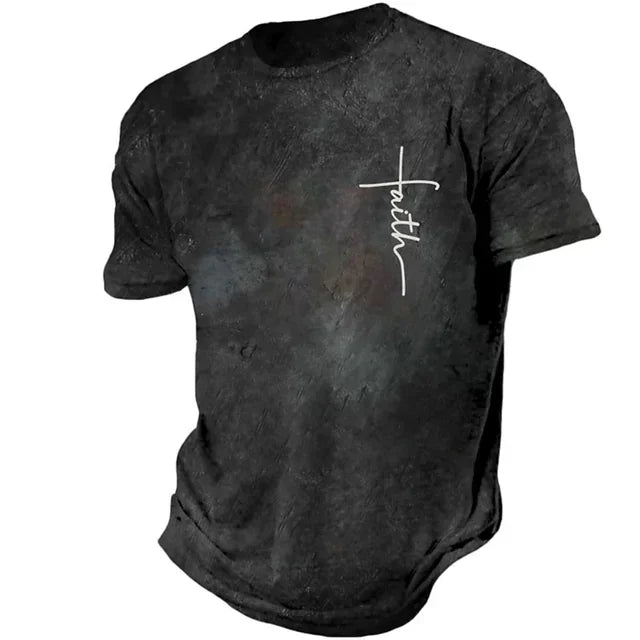 Black faith based men's t-shirt with white faith cross graphic on front by Fresh Faith Designs