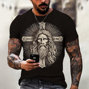 Faith based men's t-shirt with detailed illustration of Jesus and cross on black fabric
