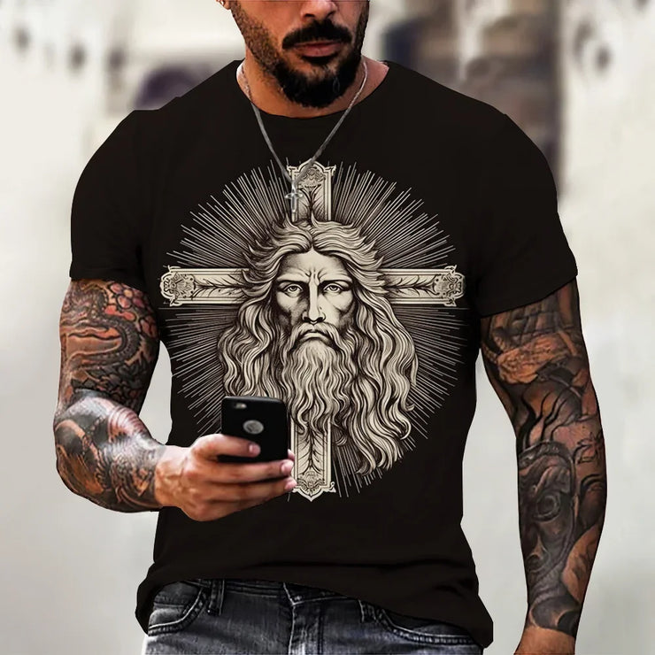 Faith based men's t-shirt with detailed illustration of Jesus and cross on black fabric